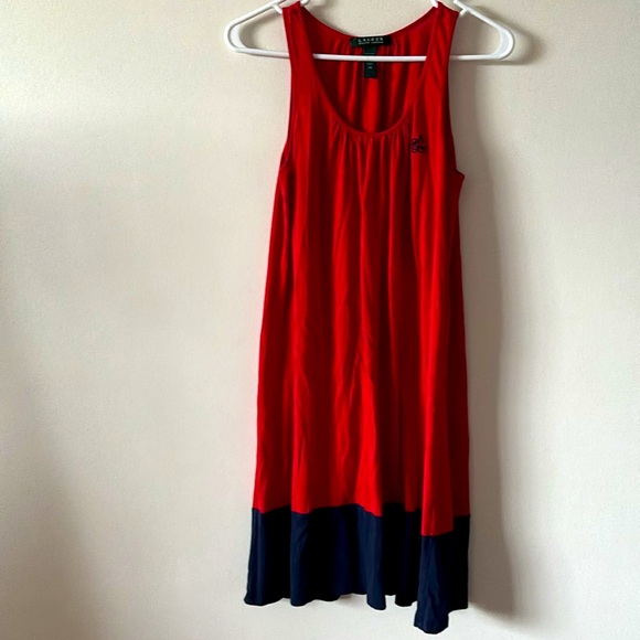 Lauren Ralph Lauren Red & Navy Color Block Cotton Embroidered Monogram Dress - Picture 5 of 9